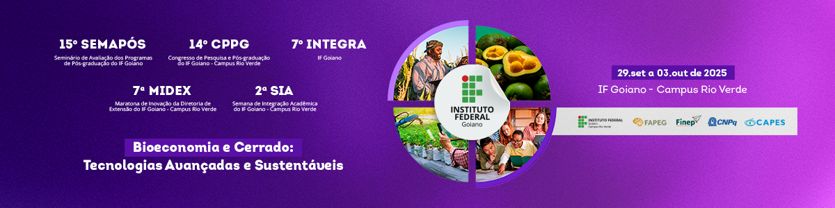 Banner Eventos integrados: VII Integra IF Goiano, 15° Semapós, 14° CPPG, 7ª MIDEX e 2ª SIA
