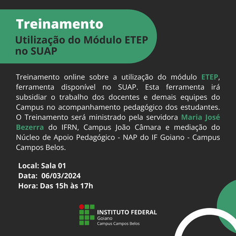 Banner TREINAMENTO - utilização do módulo ETEP no SUAP